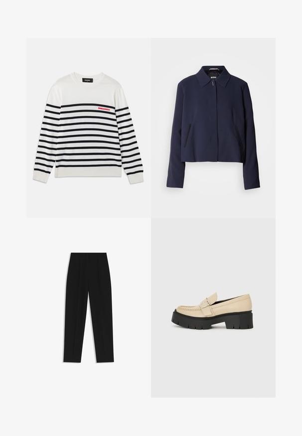 Marineblaues cropped Jacket mit spitzem Kragen, vorderem Knopfverschluss, seitlichen Taschen und glatter Stoffoberfläche. Logo innen sichtbar.; Weißer Pullover mit langen Ärmeln, schwarzen horizontalen Streifen, gerippten Bündchen und Saum sowie rotem "DSQUARED2"-Logo auf der linken Brust.; Schwarze Hose mit geradem Schnitt, doppelten Falten, einer glatten Textur und einem klassischen Bunddesign. Keine sichtbaren Beschläge oder Akzente.; Beige Lederloafer mit schwarzem, klobigem Sohlen, ausgestattet mit einer dekorativen Schnalle und einer Steppnaht im vorderen Bereich. Seitenansicht.