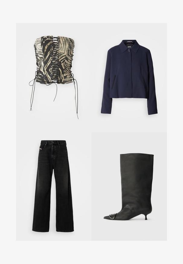 Navyblauwe cropped jas met een puntige kraag, een sluiting met knopen aan de voorkant, zijzakken en een gladde stofafwerking. Logo zichtbaar aan de binnenkant.; Zwart en beige korset top met een zebra patroon, voorzien van een vetersluiting aan de voorkant, metalen ogen en lange zwarte linten aan de zijkanten.; Wijde zwarte denim jeans met een hoge taille, voorzien van een knoopsluiting, voorzakken en een vervaagde textuur.; Zwarte leren enkelboot met een spitse neus, een kleine hak en metalen accentdetails op de neus. Gladde, matte textuur overal.