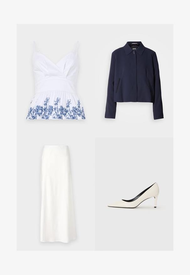 Námořnická modrá zkrácená bunda s špičatým límcem, zapínáním na knoflíky v přední části, bočními kapsami a hladkým povrchem látky. Logo je umístěno uvnitř.; Bílý bavlněný top s véčkovým výstřihem, nastavitelnými ramínky a rozšířeným lemem zdobeným modrou květinovou výšivkou na spodní části.; Bílá saténová sukně s hladkým povrchem, střední délky, ve tvaru A, s elastickým pasem a bez viditelných vzorů či ozdob.; Bílé lakované lodičky na vysokém podpatku s špičatou špičkou, úzkým podpatkem a černými detailami uvnitř. Hladký povrch a elegantní design.