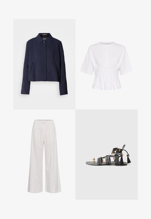 Navy blue cropped jacket with a pointed collar, front button closure, side pockets, and a smooth fabric finish. Logo displayed inside.; White short-sleeve top made of soft fabric, featuring a round neckline and gathered detailing at the waist for a fitted look.; Wide-leg pants in soft white fabric, featuring an elastic waistband with a drawstring, smooth texture, and no additional embellishments.; Black leather sandals featuring three wide straps with gold studs, decorative tassels, and charms in red and green. Flat sole with a gold accent.