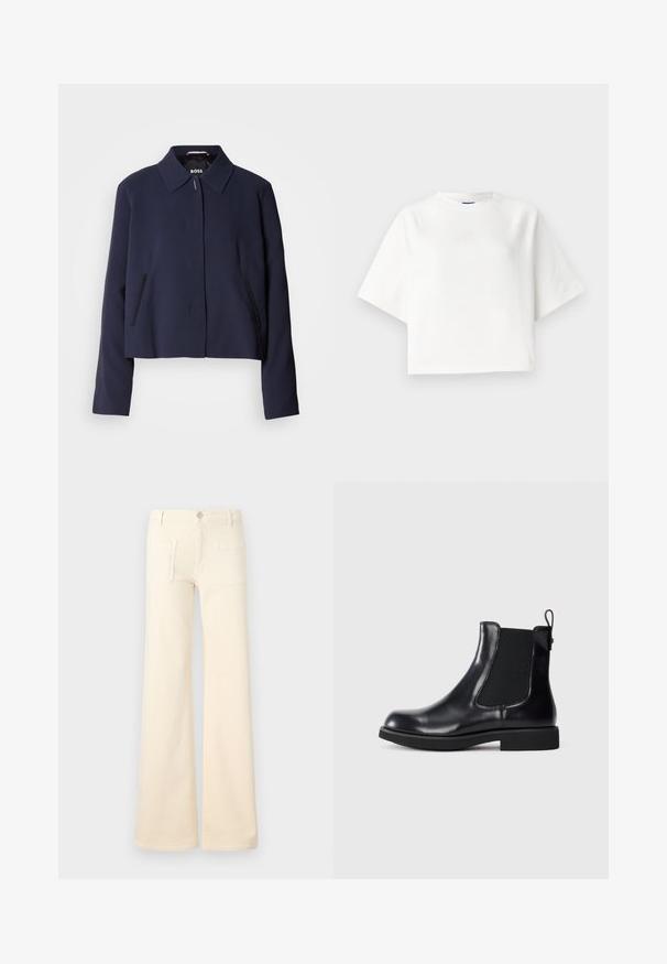 Veste courte bleu marine avec un col pointu, fermeture à boutons sur le devant, poches latérales et une finition en tissu lisse. Logo affiché à l'intérieur.; T-shirt blanche surdimensionnée avec des manches raglan courtes, fabriquée en tissu doux. Présente un logo discret sur la poitrine et un col rond.; Jean évasés couleur crème avec une texture lisse, dotés de deux poches arrière et d'une fermeture à bouton à l'avant. Design droit avec une taille haute.; Bottine Chelsea en cuir noir avec panneau latéral élastique, tirettte au talon, semelle bloc basse, présentée sur fond blanc.