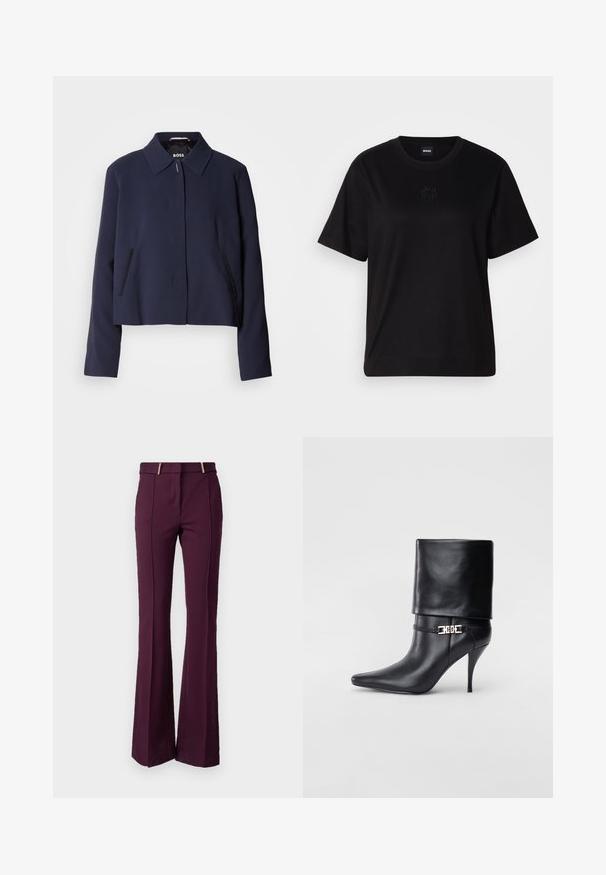 Veste courte bleu marine avec un col pointu, fermeture à boutons sur le devant, poches latérales et une finition en tissu lisse. Logo affiché à l'intérieur.; T-shirt en coton noir avec un col rond, des manches courtes et un logo brodé sur la poitrine. Coupe simple et décontractée sans motifs.; Pantalons évasés en tissu bordeaux profond avec une texture douce. Dotés d'une taille mi-haute et de deux éléments de quincaillerie dorée à l'avant.; Bottine en cuir noir avec un bout pointu, un haut talon aiguille, un revers, et un détail décoratif en boucle dorée au niveau de la cheville.