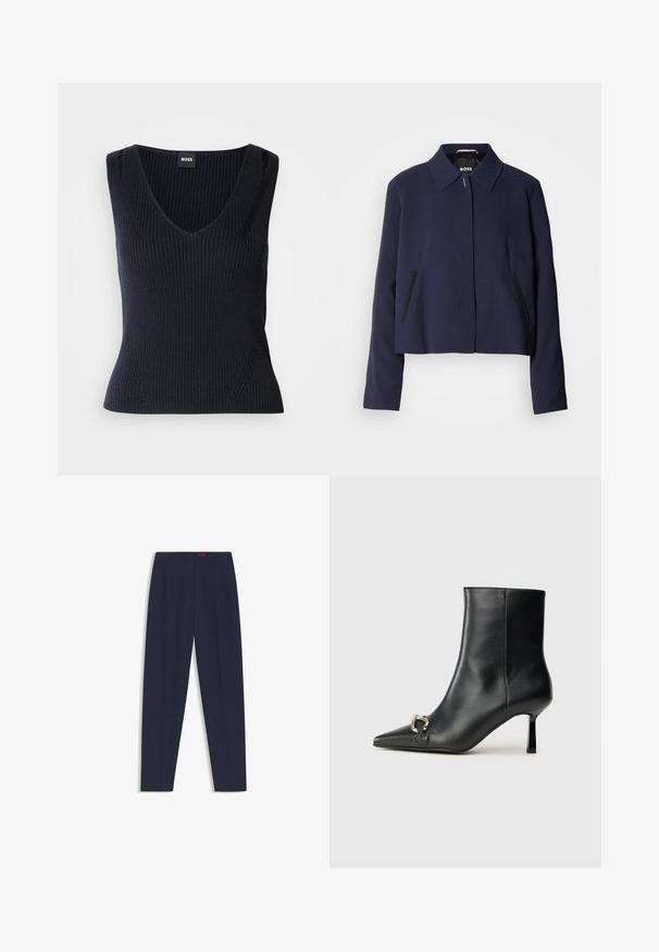 Marinblå croppad jacka med spetsig krage, knappstängning fram, sidofickor och en slät tygfinish. Logotypen syns inuti.; Mörkblå ribbad linne med V-halsringning och figurnära silhuett. Har subtila sidoseamsdetaljer och en ren, texturerad finish.; Marinblå skräddarsydda byxor med en slät yta, som har framfållar och sidofickor. Rakt bendesign och inga synliga dekorationer.; Svart läderankelboot med spetsig tå, smal medelhög klack och silverfärgad spänndetalj på sidan mot en enfärgad bakgrund.