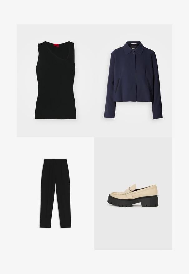 Navyblauwe cropped jas met een puntige kraag, een sluiting met knopen aan de voorkant, zijzakken en een gladde stofafwerking. Logo zichtbaar aan de binnenkant.; HUGO SHARPIN - Top - black; Zwarte broeken met een rechte pasvorm, voorzien van dubbele plooien, een zachte textuur en een klassiek taillebandontwerp. Geen zichtbare hardware of accenten.; Beige leren loafers met een zwarte chunky zool, voorzien van een decoratieve gesp en stikseldetails aan de voorkant. Zijaanzicht.