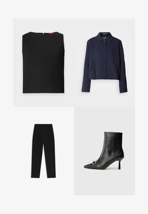 Tummansininen lyhyt takki, jossa on kärjellinen kaulus, edessä nappisuljenta, sivutaskut ja sileä kangaspinta. Logo näkyy sisällä.; Musta ilmanhiha toppi, jossa on teksturoitu kuvio, neliön muotoinen kaula-aukko ja takazipperi. Sisältää logoelementtejä, jotka on hienovaraisesti kudottu kankaan sisään.; Mustat housut suoran istuvuuden kanssa, joissa on kaksinkertaiset laskokset, sileä pinta ja klassinen vyötärönauhan muotoilu. Ei näkyviä metalliosia tai koristeita.; Musta nahkasaapas nilkkapituisilla, terävillä kärjillä, hoikalla keskipituisella korolla ja hopeavöillä sivussa yksinkertaista taustaa vasten.