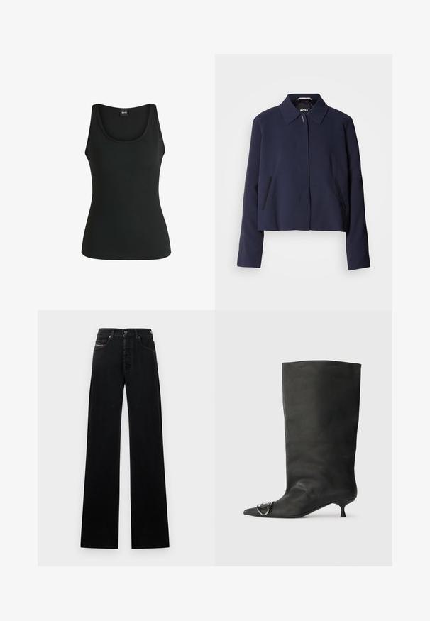 Navy blue cropped jacket with a pointed collar, front button closure, side pockets, and a smooth fabric finish. Logo displayed inside.; Black ribbed tank top with a round neckline and wide straps. Smooth texture and fitted design, featuring minimal stitching details.; Black wide-leg jeans made of denim, featuring a front button closure, five pockets, and a small logo patch on the waistband.; Black leather ankle boot with a pointed toe, small heel, and metallic accent detail on the toe. Smooth, matte texture throughout.