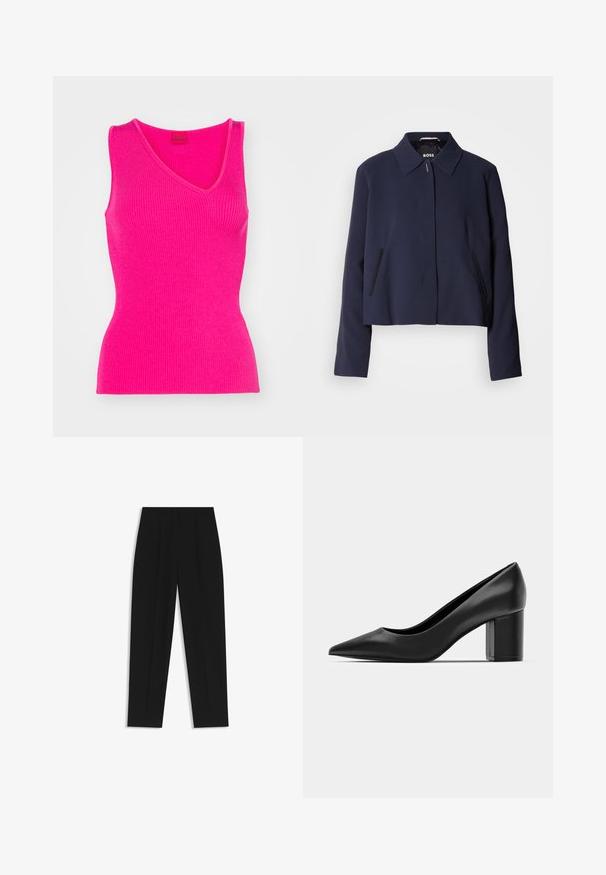 Navy blue cropped jacket with a pointed collar, front button closure, side pockets, and a smooth fabric finish. Logo displayed inside.; HUGO SHARPIN - Top - bright pink; Black trousers with a straight fit, featuring double pleats, a smooth texture, and a classic waistband design. No visible hardware or accents.; Black leather pump with a pointed toe and a chunky square heel. Smooth texture, simple design, suitable for formal settings.