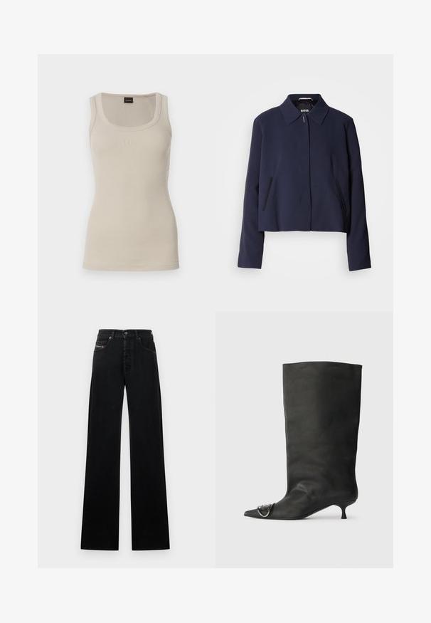 Navy blue cropped jacket with a pointed collar, front button closure, side pockets, and a smooth fabric finish. Logo displayed inside.; Ribbed tank top in light beige with a scoop neckline. Features a subtle 'BOSS' logo on the front. Made of soft, stretchy fabric.; Black wide-leg jeans made of denim, featuring a front button closure, five pockets, and a small logo patch on the waistband.; Black leather ankle boot with a pointed toe, small heel, and metallic accent detail on the toe. Smooth, matte texture throughout.