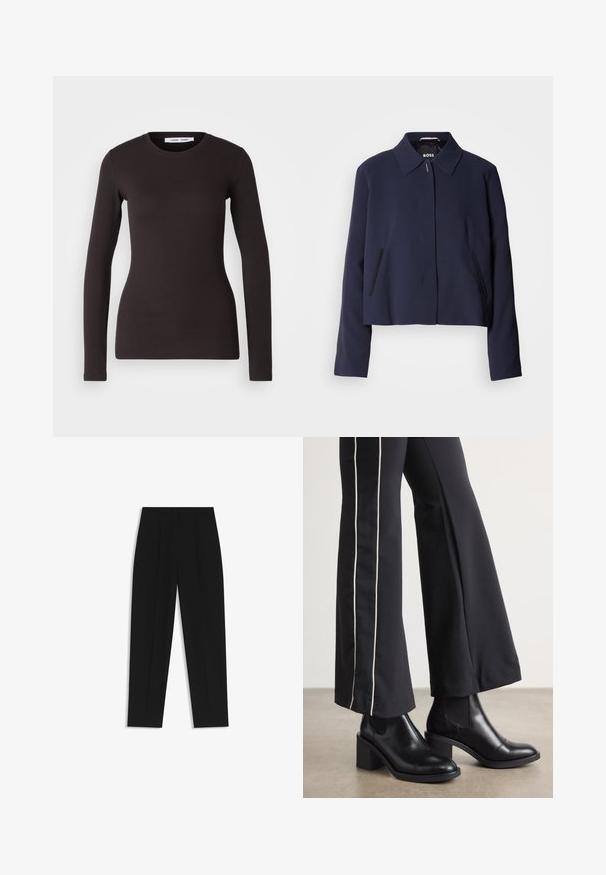 Navy blue cropped jacket with a pointed collar, front button closure, side pockets, and a smooth fabric finish. Logo displayed inside.; Long-sleeve black top made of soft, stretchy fabric. Features a round neckline and slim fit with smooth texture and no visible patterns.; Black trousers with a straight fit, featuring double pleats, a smooth texture, and a classic waistband design. No visible hardware or accents.; Black leather ankle boots with a block heel, featuring elastic side panels. Paired with black pants that have a white side stripe.