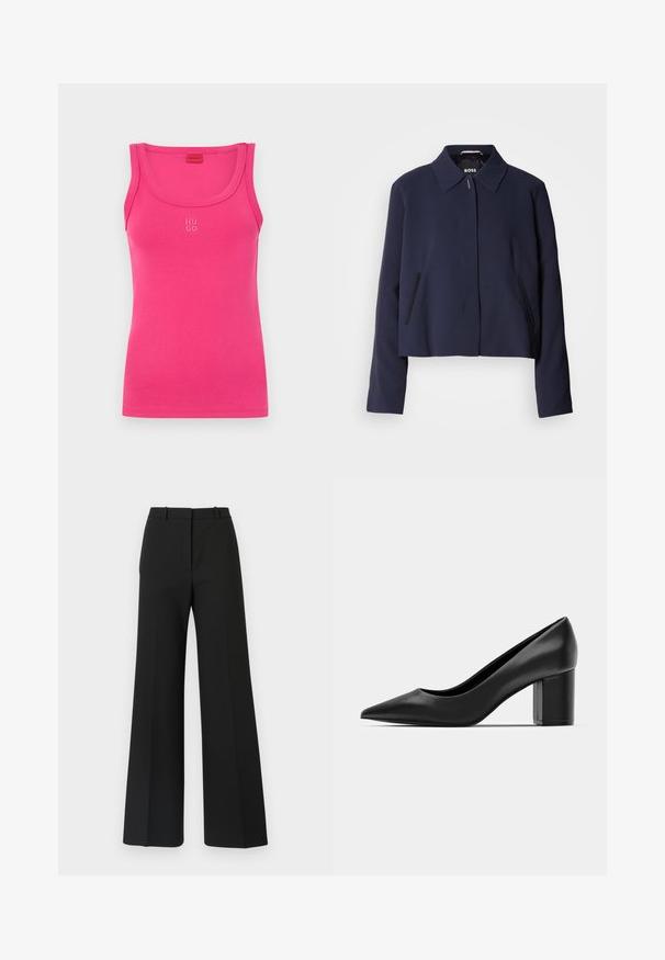 Jachetă scurtă bleu marin cu guler ascuțit, închidere cu nasturi în față, buzunare laterale și un finisaj din țesătură netedă. Logo-ul este afișat în interior.; Top de damă roz, ajustat, fabricat dintr-un material de bumbac fin, având un decolteu curbat și un mic logo "HUGO" alb în centrul frontal.; Pantaloni negri cu croială largă, având un design sofisticat, cu o textură netedă și pliseuri subtile în față. Fără accesorii vizibile sau modele.; Cizmă din piele neagră, cu vârf ascuțit și toc pătrat masiv. Textură netedă, design simplu, potrivit pentru setări formale.