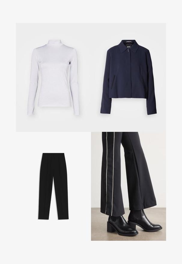 Marineblaues cropped Jacket mit spitzem Kragen, vorderem Knopfverschluss, seitlichen Taschen und glatter Stoffoberfläche. Logo innen sichtbar.; Helles silbernes Langarm-Turtleneck-Oberteil mit fitted Design und subtiler glänzender Oberfläche, aus einem elastischen Material gefertigt. Keine Muster oder Hardware-Details.; Schwarze Hose mit geradem Schnitt, doppelten Falten, einer glatten Textur und einem klassischen Bunddesign. Keine sichtbaren Beschläge oder Akzente.; Schwarze Lederstiefeletten mit einem Blockabsatz, ausgestattet mit elastischen seitlichen Einsätzen. Kombiniert mit schwarzen Hosen, die einen weißen Seitenstreifen haben.