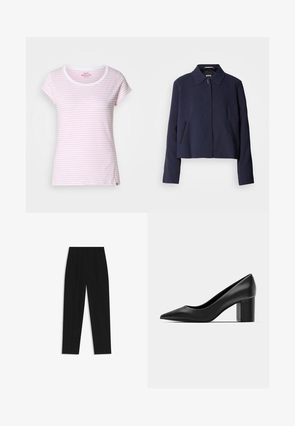 Marineblaues cropped Jacket mit spitzem Kragen, vorderem Knopfverschluss, seitlichen Taschen und glatter Stoffoberfläche. Logo innen sichtbar.; Rosa und weiße gestreifte T-Shirts mit rundem Ausschnitt und kurzen Ärmeln. Aus weichem Stoff mit regulärer Passform. Dezentes Markenetikett am Saum.; Schwarze Hose mit geradem Schnitt, doppelten Falten, einer glatten Textur und einem klassischen Bunddesign. Keine sichtbaren Beschläge oder Akzente.; Schwarze Lederpumps mit spitzem Zehenbereich und einem klobigen quadratischen Absatz. Glatte Textur, einfaches Design, geeignet für formelle Anlässe.
