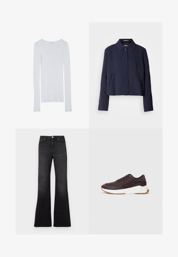 Námornícky modrá skrátená bunda s špicatým golierom, zapínaním na prednej strane, bočnými vreckami a hladkým povrchom. Logo zobrazené vo vnútri.; Biela dlhá košeľa s dlhým rukávom a výstrihom do tvaru lode, vyrobená z jemnej, hladkej tkaniny. Má dlhé rukávy a priliehavý strih.; Čierne zvonové džínsy z denimu, s vysokým pásom, dizajnom s piatimi vreckami a jemným vyblednutím smerom k lemom nohavíc.; Tmavohnedé tenisky s čiernym lemovaním, vyrazeným logom na strane, bielou hrubou podrážkou a gumenou podrážkou na hladkom pozadí.
