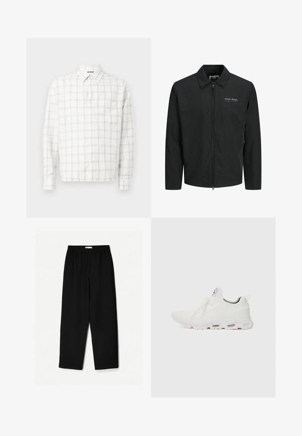 Čierna ľahká bunda s golierom, predným zipsom, bočnými vreckami a logom v sivej farbe. Hladká textúra a prispôsobený dizajn.; Biely dlhý rukáv s čiernym kockovaným vzorom, s ostrým golierom a gombíkovým zapínaním. Žiadna viditeľná kapsa.; Čierne nohavice s širokými nohavicami vyrobené z ľahkej tkaniny. Majú elasticitu v páse a hladký povrch. Bez viditeľných vzorov alebo kovania.; Biele športové topánky so štruktúrovaným pleteným zvrškom, plochými šnúrkami a odpruženou podrážkou s viditeľnými vzduchovými komorami pre dodatočnú podporu.