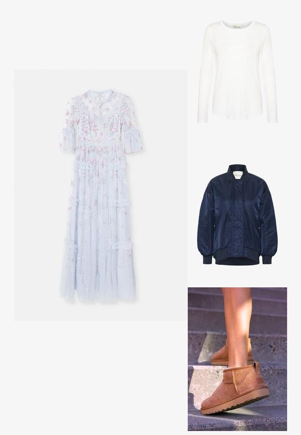 Granatowa bomberka, błyszczący materiał, ściągacze na mankietach i u dołu, zapięcie na napy z przodu, kieszenie boczne, pikowane detale na korpusie.; Needle & Thread - Suknia balowa; Biała bluzka z długim rękawem i okrągłym dekoltem. Wykonana z gładkiego materiału o dopasowanym kroju. Metka widoczna przy szyi. Brak wzorów lub akcentów.; Brązowe zamszowe botki za kostkę o miękkiej teksturze, z przeszyciami i gumową podeszwą, wyposażone w pętelkę na pięcie dla łatwego zakładania.