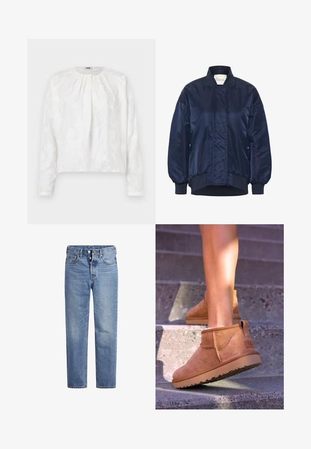 Mornarska bomberska jakna, sijo tkanina, rebrasti manšeti in rob, sprednje zapiranje na pritisni gumb, stranske žepe, prešite detajle na telesu.; Bela bluzica z dolgimi rokavi z teksturno cvetličnim vzorcem, okroglim izrezom in nabrano sprednjo zasnovo. Lahka, mehka tkanina.; Bela dolgimi rokavi s krožnim izrezom. Narejena iz gladkega materiala s prileganjem. Oznaka vidna na vratu. Brez vzorcev ali poudarkov.; Svijetloplave traperice ravnog kroja s pet džepova i dugmetom. Imaju suptilno izbljeđivanje i narančaste detalje šavova.; Svetlosive nobuck gležnjarji z mehko teksturo, všitimi detajli in gumijastim podplatom, z zanko na peti za enostavno obuvanje.