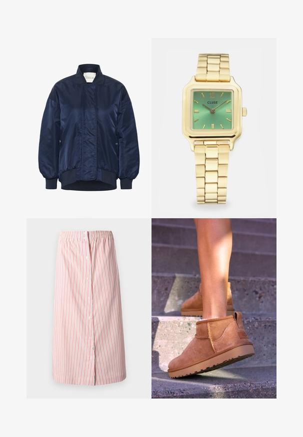 Jachetă de bombardier navy, material lucios, manșete și tiv elastic, închidere frontală cu capse, buzunare laterale, detalii matlasate pe corp.; Bluză albă cu mâneci lungi și decolteu rotund. Fabricată dintr-un material neted, cu o formă ajustată. Eticheta este vizibilă la gât. Fără modele sau accente.; Fustă rayată albă cu dungi verticale roșii, având un talie elastică, butoane în față și un croi drept, de lungime până la genunchi.; Botine bej din suede cu o textură moale, detalii cusute și o talpă din cauciuc, având un călcâi cu buclă pentru o utilizare ușoară.; Ceas pătrat în tonuri aurii, cu un cadran verde în degrade, marcaje orare dreptunghiulare și o brățară legată. Numele brandului "CLUSE" este afisat.