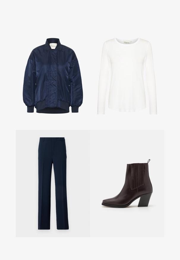 Marine Bomberjacke, glänzender Stoff, gerippte Bündchen und Saum, Druckknopfverschluss vorne, Seitentaschen, gestepptes Detail am Körper.; Weißes langärmliges Oberteil mit Rundhalsausschnitt. Aus glattem Stoff und figurbetontem Schnitt gefertigt. Etikett am Hals sichtbar. Keine Muster oder Akzente.; Marineblaue Hose aus glattem Stoff, mit einem geraden Bein-Design, Vorderfalten und Seitentaschen für einen maßgeschneiderten Look.; Dunkelbraune Leder-Ankle-Boots mit spitzer Zehenform, vertikalen Rippendetails an der Seite und einem blockartigen Absatz mittlerer Höhe.
