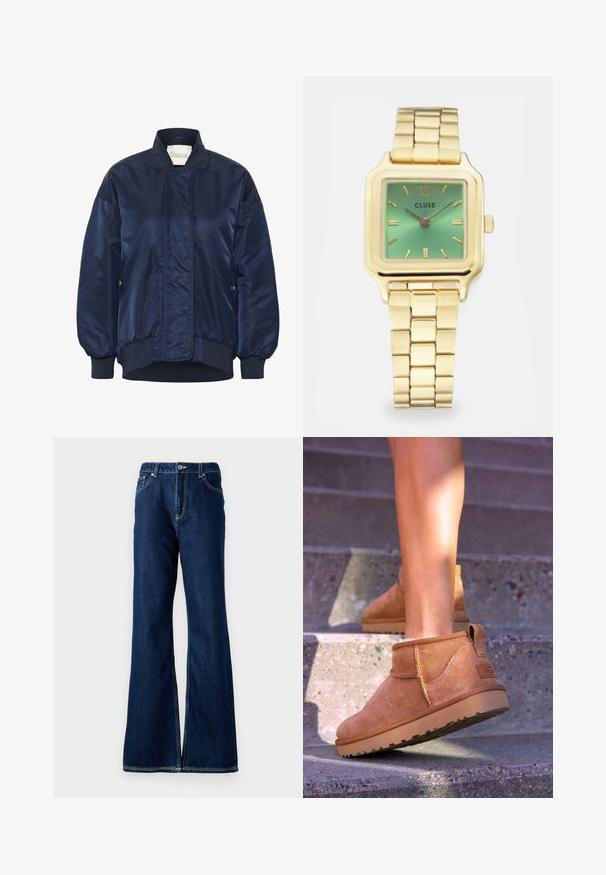 Mornarska bomber jakna, sjajna tkanina, rebraste manžete i donji rub, prednje kopčanje na dugmad, bočne džepove, kviltani detalji na telu.; Bijela majica dugih rukava s okruglim izrezom. Izrađena od glatkog materijala s prilagođenim oblikom. Oznaka vidljiva na vratu. Bez uzoraka ili akcenta.; Plave traperice s razvedrim nogavicama i visokim strukom, s prednjim zatvaranjem na dugme i dva bočna džepa. Teksturirana tkanina s vidljivim šavovima.; Smešane čizme od tan velura s mekim tekstilom, sa šavnim detaljima i gumenim đonom, te petom s petljom za lako obuvanje.; Zlatni kvadratni sat s zelene gradijentnom brojčaniku, pravokutnim markersima za sate i povezanim narukvicom. Ime branda "CLUSE" prikazano.