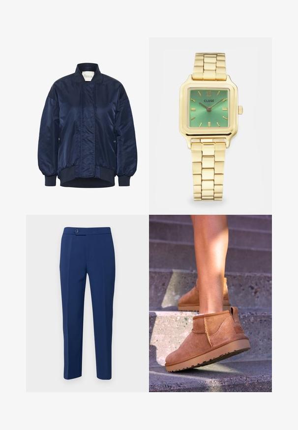 Tengerészeti bomberszaka, fényes anyag, bordázott mandzsetta és alsó rész, elülső patentzár, oldalsó zsebek, steppelt részletezés a testen.; Fehér, hosszú ujjú felső, kerek nyakkivágással. Simaságával és testhez simuló fazonjával készült. A címke látható a nyaknál. Nincsenek minták vagy díszítések.; Sötétkék, testre szabott nadrág sima tapintással, keskeny fazonnal, elülső zsebekkel és egy gombos záródással a deréknál.; Barna nubuk bokacsizmák, puha textúrával, varrott részletekkel és gumitalpakkal, hurok alakú sarokkal a könnyű felvétel érdekében.; Arany tónusú négyzet alakú óra zöld gradiens számlappal, téglalap alakú órajelzőkkel és láncszerű karkötővel. A márkanevet "CLUSE" ábrázolják.