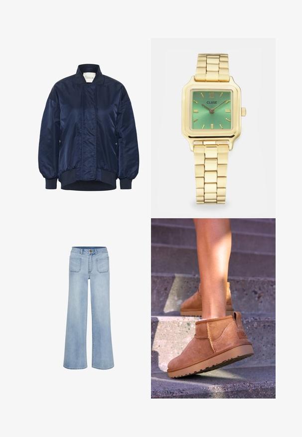 Marinblå bomberjacka, glansigt material, ribbade muddar och nederkant, knappstängning fram, sidofickor, vadderade detaljer på kroppen.; Vit långärmad tröja med rund halsringning. Gjord av ett glatt tyg med en figurnära passform. Etikett synlig vid nacken. Inga mönster eller detaljer.; Ljusblå vida jeans i denim, med hög midja, fem fickor och en ren finish vid fållen.; Tan mockasiner med en mjuk textur, sömnadsdetaljer och en gummisula, med en öglad häl för enkel påtagning.; Guldtonad fyrkantig klocka med en grön gradientskiva, rektangulära timmarkörer och en länkarmband. Varumärket "CLUSE" visas.