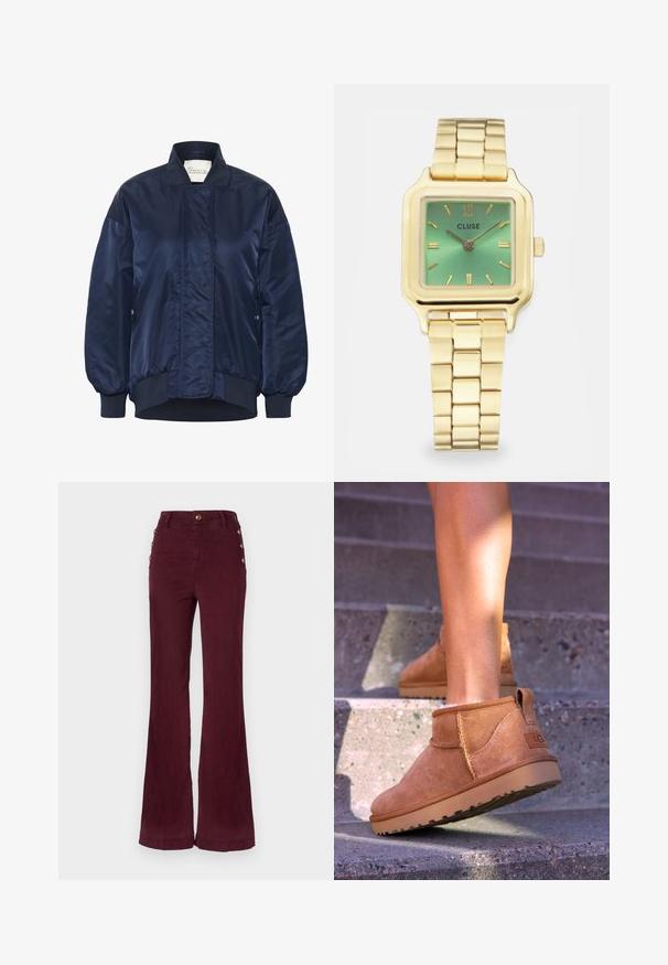 Mereväe bomber-jakk, läikiv kangas, ribatud varrukate ja servaga, esine nupulukuga, küljetaskud, tikand keha peal.; Valge pika varrukaga särk ümmarguse kaelusega. Valmistatud siledast kangast, keha lähedane lõige. Sildiga kaelas. Ei ole mustreid ega aktsente.; Burgundia värvi kõrge talje ja laienevad püksid, millel on kuldsed nupud külgedel, sile tekstuur ja täpsed õmblused.; Kergedest nahast pahklu ботинки pehme tekstuuriga, õmmeldud detailide ja kummist tallaga, millel on sanga kand kergesti selga panemiseks.; Kuldtooniline ruudukujuline kell, millel on roheline gradientkellakujundus, ristkülikukujulised tunni markerid ja ühendatud käevõru. Kaubamärk "CLUSE" on väljas.