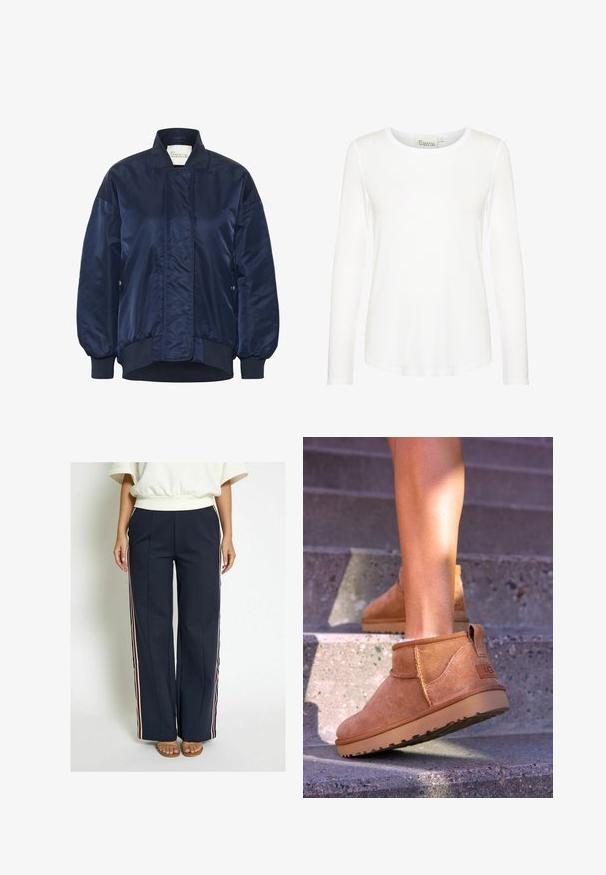 Námornícka bombardérka, lesklý materiál, pružné manžety a lem, predné zapínanie na patentky, bočné vrecká, prešívané detaily na tele.; Biele tričko s dlhým rukávom a okrúhlym výstrihom. Vyrobené z hladkého materiálu so priliehavým strihom. Visačka viditeľná na krku. Bez vzorov či akcentov.; Námornícke široké nohavice vyrobené z hladkej látky, s bočnými pruhmi v červenej, bielej a modrej farbe. Podrobne zdobené prednými záhybmi.; Hnedé semišové členkové topánky so svetlou textúrou, prešívanými detailmi a gumovou podrážkou, s pútkom na päte pre jednoduché obúvanie.