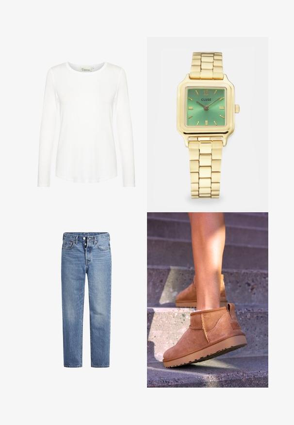 Jūrinis bombonešio švarkas, blizgi medžiaga, raukšlėti rankogaliai ir apatinis kraštas, priekinis spaudžiamasis užsegimas, šoniniai kišeniai, nugaroje suklijuoti detalės.; Balta ilga rankovė viršutinė dalis su apvalia apykakle. Pagaminta iš lygaus audinio, tinka prisiglaudusiai. Etiketė matoma ant kaklo. Be raštų ar akcentų.; Šviesiai mėlynos džinsinės kelnės su tiesiu kirpimu, penkių kišenių dizainu ir mygtukų užsegimu. Pasižymi subtiliu nusidėvėjimu ir oranžiniais siūlais.; Samaniniai suknelės auliniai batai su minkšta tekstūra, siūlės detalėmis ir guminiu padu, su kilpiniu kulnu, kad būtų patogu užsivilkti.; Auksinės spalvos kvadratinis laikrodis su žaliu gradientiniu ciferblatu, stačiakampiais valandų žymekliais ir sujungta apyranke. Prekės ženklas "CLUSE" matomas.