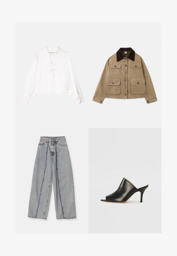 Bež puuvillane jakk tumeda vatiinipaela, nelja esimest taskut, nööbiga sulgemise ja pikade varrukatega. Omab lõdva lõikega disaini.; Valge pikkade varrukate ja kraega pluus, millel on keskel pitsiga nööpimise detail, valmistatud siledast kangast. Varrukad on elastsed.; Heledad sinine laiem jalgadega teksad, millel on friteeritud servad, kõrge vöökoht ja kontrastsed õmblused. Valmistatud denimist, näidates lahedat sobivust ja minimaalset kulumist.; Must musta avatud varbaga king, millel on sujuv ja kumer disain, kõrge stilettokõrgus ja sile tekstuur. Siseosa on kontrastse heleda värviga.