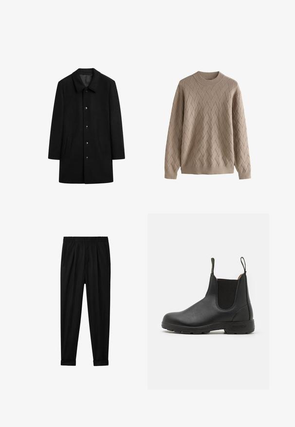 Svart ullrock med krage, knappstängning framtill, två sidfickor och rak silhuett. Slät textur utan synliga mönster.; Beige stickad tröja med ett strukturerat diamantmönster, med rund halsringning och långa ärmar. Mjuk tyg med ribbade muddar och nederkant.; Svarta smalare byxor med elastisk midja, utrustade med två sidofickor och uppvikta fållar. Tillverkade av ett mjukt, lätt material.; Svart läder Chelsea-boot med elastiska sidopaneler, dragflik, robust gummisula och söm-detaljer. Slät yta genomgående.