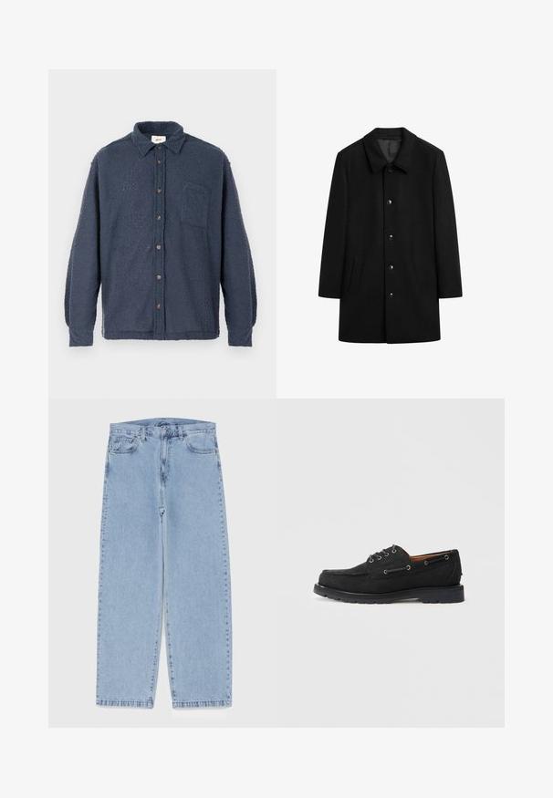 Zwarte wollen jas met een kraag, sluiting met knopen aan de voorkant, twee zijzakken en een rechte snit. Gladde textuur zonder zichtbare patronen.; Donkerblauw fleece shirt met een gestructureerd oppervlak, knopen aan de voorkant, kraag en een borstzak. Voorzien van bruine knopen en lange mouwen.; Lichtblauwe denim jeans met een recht model, voorzien van een middelhoge taille, vijf zakken en een knoop- en ritssluiting.; Zwarte suède boot schoenen met vetersluiting, metalen oogjes, contrasterende stiksels en een robuuste rubberen zool voor grip.
