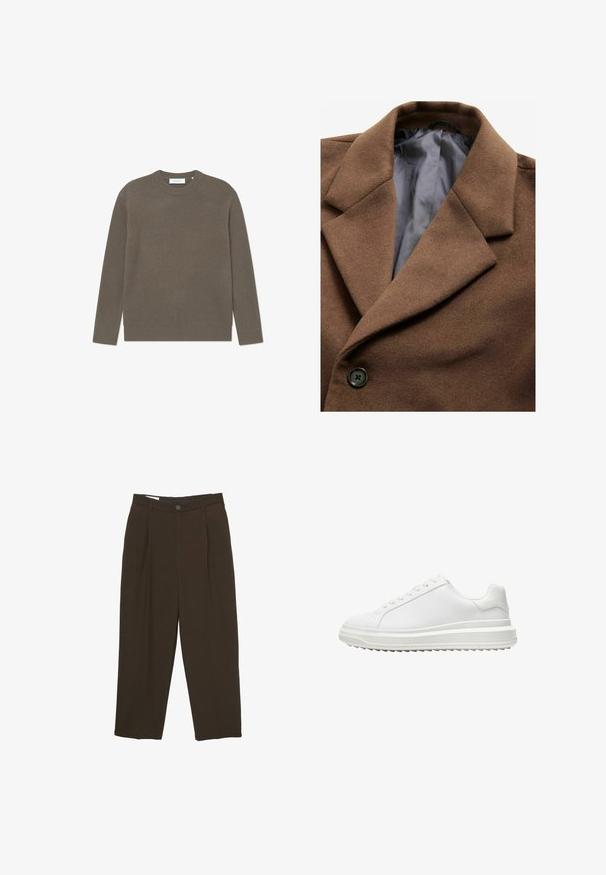 Cappotto in misto lana marrone con ampi rever, chiusura a un bottone e foderato in satin grigio. Texture morbida con dettagli di alta qualità.; Maglione a coste in colore marrone terra, con scollo a girocollo e maniche lunghe, caratterizzato da una finitura texturizzata e un'etichetta di branding sottile.; Pantaloni sartoriali marrone scuro con pinces frontali, passanti per cintura e chiusura a bottone in vita.; Sneaker bianco con una tomaia sintetica liscia, punta rotonda, lacci piatti, suola testurizzata e un design a piattaforma stratificata per un'altezza extra.
