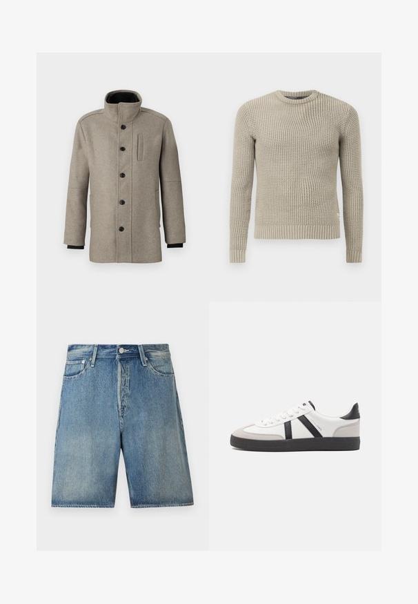 Palton din lână gri deschis, cu guler înalt, închidere cu butoane în față și un buzunar lateral. Are mâneci lungi și o textură fină.; Pulover bej tricotat, cu mâneci lungi, tiv și manșete cu dantelă, decolteu rotund, model texturat, realizat dintr-un material moale.; Șorturi din denim de culoare albastră deschisă, cu un design clasic cu cinci buzunare, închidere cu nasture, croială dreaptă și un finisaj ușor decolorat.; Sneaker alb cu accente negre și gri, având un capac de vârf gri texturat, talpă din cauciuc negru și șireturi plate albe. Design elegant, stil minimalist.