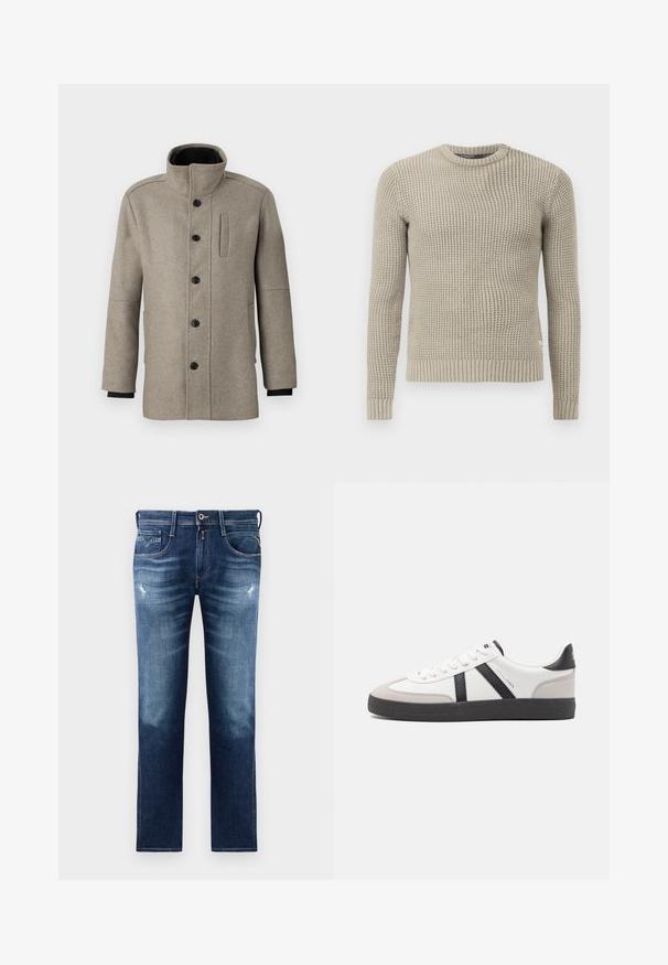 Svetlo šedý vlnený kabát s vysokým golierom, zapínaním na gombíky na prednej strane a bočnou vreckom. Má dlhé rukávy a hladkú textúru.; Béžový pletený sveter s dlhými rukávmi, rebrovanými manžetami a spodným lemom, okrúhlym výstrihom, štruktúrovaným vzorom, vyrobený z mäkkého materiálu.; Modré džínsy s pravidelným strihom, s bledým umývaním, jemným opotrebením, piatimi vreckami a kontrastným prešívaním. Zapínanie na gombík v páse.; Biele tenisky s čiernymi a šedými akcentmi, s textúrovanou šedou špičkou, čiernou gumovou podrážkou a plochými bielymi šnúrkami. Čistý dizajn, minimalistický štýl.