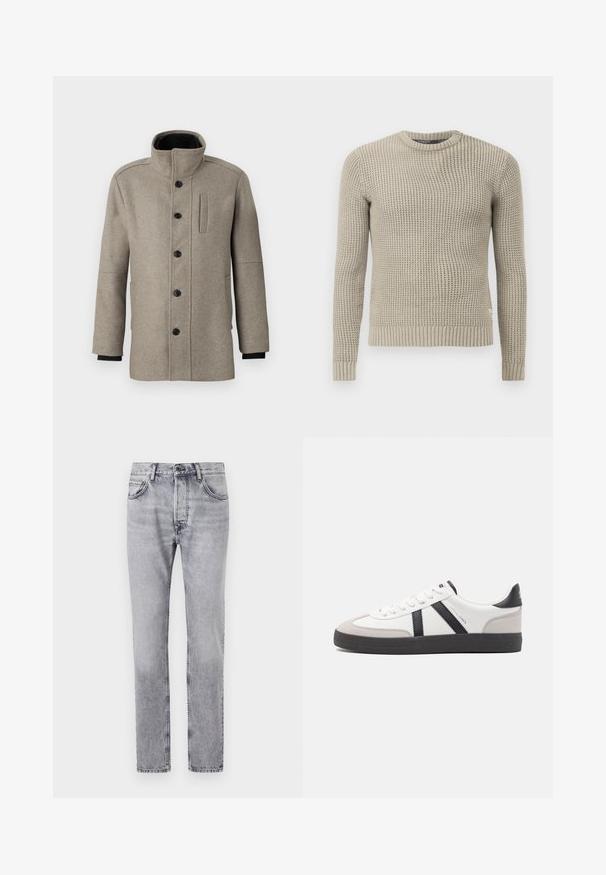 Light gray wool coat with a high collar, front button closure, and a side pocket. Features long sleeves and a smooth texture.; Beige knitted sweater with long sleeves, ribbed cuff and hem, round neck, textured pattern, made from soft material.; Gray denim jeans feature a straight cut, five pockets, and subtle fade detailing. Metal button and zipper closure at the front.; White sneaker with black and gray accents, featuring a textured gray toe cap, black rubber sole, and flat white laces. Clean design, minimalist style.