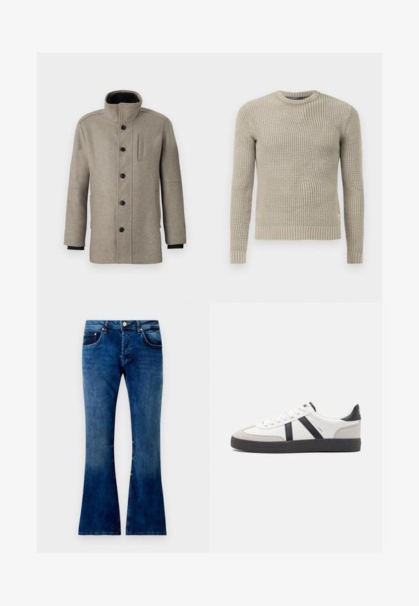 Lys grå ullkåpe med høyt krage, knappelukking foran og sidelomme. Har lange ermer og en jevn tekstur.; Beige strikket genser med lange ermer, ribbestrikket mansjett og kant, rund hals, teksturert mønster, laget av mykt materiale.; Blå denim jeans med sleng og medium vask, med fem lommer, knappelukking og synlig søm. Glatt tekstur med mild fading.; Hvite sneakers med svarte og grå detaljer, med en teksturert grå tåhette, svart gummisåle, og flate hvite lisser. Rent design, minimalistisk stil.