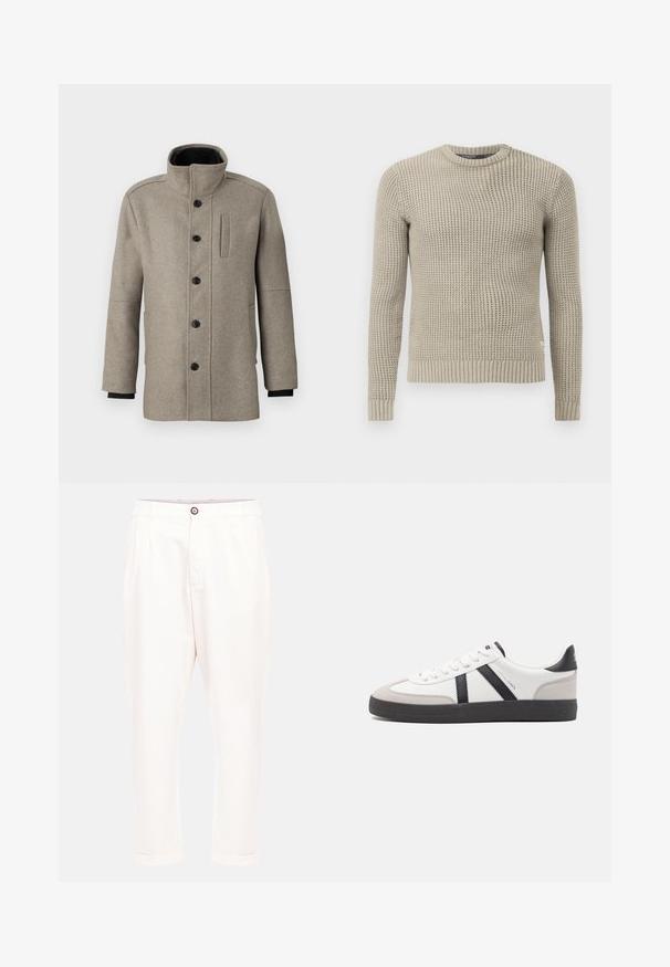 Svijetlosivi vuneni kaput s visokim ovratnikom, prednjim zatvaranjem na dugmad i bočnom džepom. Ima duge rukave i glatku teksturu.; Bež pleteni džemper s dugim rukavima, rebrastim manžetama i rubom, okruglim izrezom, teksturiranim uzorkom, izrađen od mekanog materijala.; Svijetlo bež hlače opuštenog kroja s dva nabor na prednjoj strani, zatvaračem na gumb i zavrnutim rubovima na gležnjevima. Glatka tekstura tkanine.; Bijele tenisice s crnim i sivim detaljima, s teksturiranim sivim zaštitnikom prstiju, crnim gumene potplate i ravnim bijelim vezicama. Čist dizajn, minimalistički stil.