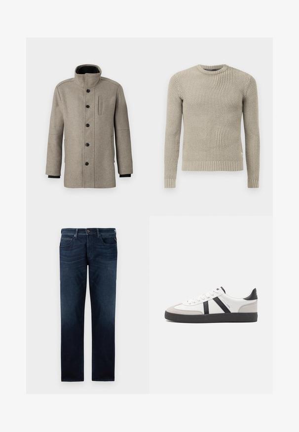 Svetlo šedý vlnený kabát s vysokým golierom, zapínaním na gombíky na prednej strane a bočnou vreckom. Má dlhé rukávy a hladkú textúru.; Béžový pletený sveter s dlhými rukávmi, rebrovanými manžetami a spodným lemom, okrúhlym výstrihom, štruktúrovaným vzorom, vyrobený z mäkkého materiálu.; Tmavomodré džínsy s rovnými nohavicami, päť vreciek a viditeľné zapínanie na gombík v páse. Hladká textúra.; Biele tenisky s čiernymi a šedými akcentmi, s textúrovanou šedou špičkou, čiernou gumovou podrážkou a plochými bielymi šnúrkami. Čistý dizajn, minimalistický štýl.