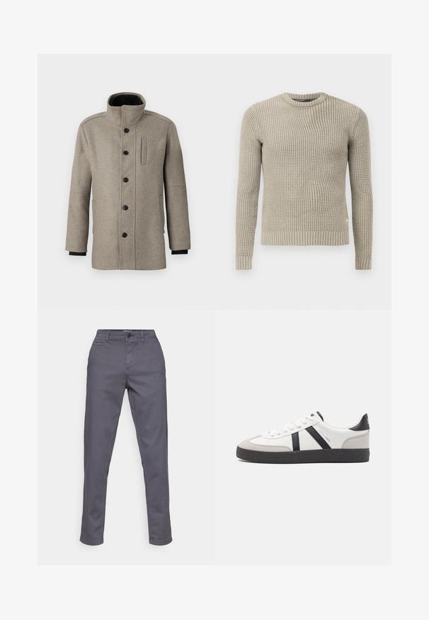 Vaaleanharmaa villakangastakki, jossa on korkea kaulus, etumuksen nappikiinnitys ja sivutasku. Omaaa pitkät hihat ja sileän pinnan.; Beige neulepaita, jossa on pitkät hihat, ribbireunukset hihansuissa ja helmassa, pyöreä kaula-aukko, teksturoitu kuvio, valmistettu pehmeästä materiaalista.; Harmaat puuvillahousut suoran leikkauksen omaavina, joissa on napitus, vyölenkit ja sivutaskut. Sujuva pinta ilman havaittavia kuvioita.; Valkoiset lenkkarit mustilla ja harmailla yksityiskohdilla, joissa on teksturoitu harmaa kärki, musta kumipohja ja litteät valkoiset nauhat. Siisti muotoilu, minimalistinen tyyli.