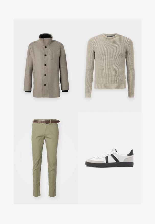Palton din lână gri deschis, cu guler înalt, închidere cu butoane în față și un buzunar lateral. Are mâneci lungi și o textură fină.; Pulover bej tricotat, cu mâneci lungi, tiv și manșete cu dantelă, decolteu rotund, model texturat, realizat dintr-un material moale.; Pantaloni din bumbac de culoare verde măslin, cu o croială ajustată, având o curea din piele maro. Textură netedă, fără modele sau accente vizibile.; Sneaker alb cu accente negre și gri, având un capac de vârf gri texturat, talpă din cauciuc negru și șireturi plate albe. Design elegant, stil minimalist.