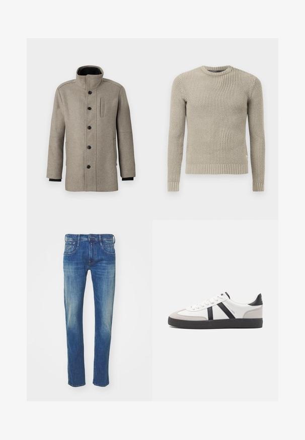 Gaiši pelēks vilnas mētelis ar augstu apkakli, priekšējo pogu aizdari un sānu kabatu. Tam ir garas piedurknes un gluda tekstūra.; Bežs adīts džemperis ar garām piedurknēm, ribota aproce un apakšmalā, apaļa kakla izgriezums, teksturēta raksts, izgatavots no mīksta materiāla.; Zilā džinsu bikses ar taisna kājas dizainu, izbalējušu apdari, piecu kabatu stilu un metāla aparatūru pogās un rāvējslēdzējā.; Baltas sneakeris ar melniem un pelēkiem akcentiem, kuram ir teksturēts pelēks purngals, melna gumijas zole un plakanas baltas šņores. Tīrs dizains, minimālisma stils.