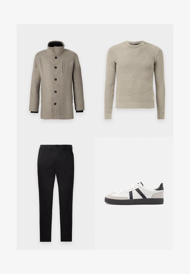Svijetlosivi vuneni kaput s visokim ovratnikom, prednjim zatvaranjem na dugmad i bočnom džepom. Ima duge rukave i glatku teksturu.; Bež pleteni džemper s dugim rukavima, rebrastim manžetama i rubom, okruglim izrezom, teksturiranim uzorkom, izrađen od mekanog materijala.; Crne chino hlače izrađene od glatke tkanine s ravnim krojem. Imaju prednje kopčanje na gumb i bočne džepove s čistim, minimalističkim dizajnom.; Bijele tenisice s crnim i sivim detaljima, s teksturiranim sivim zaštitnikom prstiju, crnim gumene potplate i ravnim bijelim vezicama. Čist dizajn, minimalistički stil.
