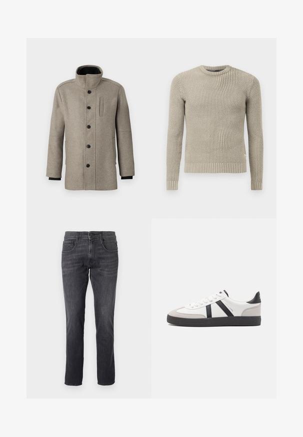 Palton din lână gri deschis, cu guler înalt, închidere cu butoane în față și un buzunar lateral. Are mâneci lungi și o textură fină.; Pulover bej tricotat, cu mâneci lungi, tiv și manșete cu dantelă, decolteu rotund, model texturat, realizat dintr-un material moale.; Jeans gri închis din denim, cu un design clasic cu cinci buzunare, tăietură dreaptă și închidere cu buton metalic la talie.; Sneaker alb cu accente negre și gri, având un capac de vârf gri texturat, talpă din cauciuc negru și șireturi plate albe. Design elegant, stil minimalist.