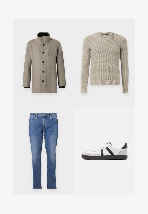 Vaaleanharmaa villakangastakki, jossa on korkea kaulus, etumuksen nappikiinnitys ja sivutasku. Omaaa pitkät hihat ja sileän pinnan.; Beige neulepaita, jossa on pitkät hihat, ribbireunukset hihansuissa ja helmassa, pyöreä kaula-aukko, teksturoitu kuvio, valmistettu pehmeästä materiaalista.; Siniset farkut, joissa on klassinen suora lahje, viisi taskua ja oranssit ompeleet. Kangas on teksturoitunut ja kestävä.; Valkoiset lenkkarit mustilla ja harmailla yksityiskohdilla, joissa on teksturoitu harmaa kärki, musta kumipohja ja litteät valkoiset nauhat. Siisti muotoilu, minimalistinen tyyli.