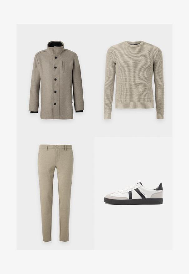 Manteau en laine gris clair avec un col haut, fermeture à boutons sur le devant et une poche latérale. Il a des manches longues et une texture lisse.; Pull en tricot beige avec des manches longues, poignets et ourlet côtelés, col rond, motif texturé, fabriqué à partir de matériau doux.; Pantalons beiges en matériau texturé, dotés d'une fermeture à bouton et de jambes fuselées, avec des poches latérales et des détails de couture subtils.; Baskets blanches avec des accents noirs et gris, présentant un embout texturé gris, une semelle en caoutchouc noir et des lacets plats blancs. Design épuré, style minimaliste.