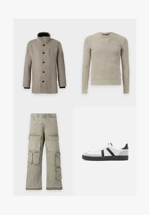 Light gray wool coat with a high collar, front button closure, and a side pocket. Features long sleeves and a smooth texture.; Beige knitted sweater with long sleeves, ribbed cuff and hem, round neck, textured pattern, made from soft material.; Cargo pants in light olive green, featuring multiple large pockets, a wide-leg design, and raw hem detailing. Made from durable fabric.; White sneaker with black and gray accents, featuring a textured gray toe cap, black rubber sole, and flat white laces. Clean design, minimalist style.