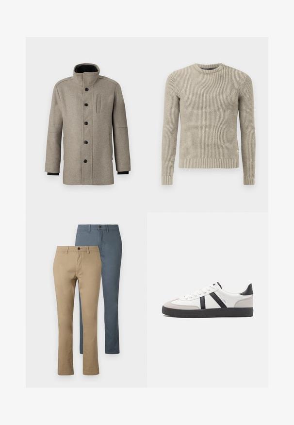 Heled hall villane mantel kõrge kraega, esiseotud nööpidega ja küljetaskuga. Omab pikki varrukaid ja siledat tekstuuri.; Beige kootud sviiter pikkade varrukatega, soonikuga mansetid ja alläär, ümar kaelus, tekstuuriga muster, valmistatud pehmest materjalist.; Kaks paari sirge jala pükse: üks khaki ja teine tume sinine. Valmistatud puuvillast; omab vöökohta ja nupulukk.; Valged tossud mustade ja hallide aktsentidega, tekstureeritud halli varbakattega, musta kummitald ja lamedad valged paelad. Puhtad jooned, minimalistlik stiil.