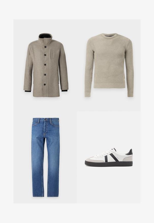 Lys grå ullkåpe med høyt krage, knappelukking foran og sidelomme. Har lange ermer og en jevn tekstur.; Beige strikket genser med lange ermer, ribbestrikket mansjett og kant, rund hals, teksturert mønster, laget av mykt materiale.; Blå denimjeans med rett benkutt, klassisk fem-lomme design, kobbersting og en falmet vask for et slitt utseende.; Hvite sneakers med svarte og grå detaljer, med en teksturert grå tåhette, svart gummisåle, og flate hvite lisser. Rent design, minimalistisk stil.