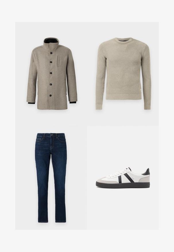 Lys grå ullkåpe med høyt krage, knappelukking foran og sidelomme. Har lange ermer og en jevn tekstur.; Beige strikket genser med lange ermer, ribbestrikket mansjett og kant, rund hals, teksturert mønster, laget av mykt materiale.; Mørkeblå denimjeans med slim fit, standard fem lommer design og knapp- og glidelås-lukking. Glatt tekstur med minimal falming.; Hvite sneakers med svarte og grå detaljer, med en teksturert grå tåhette, svart gummisåle, og flate hvite lisser. Rent design, minimalistisk stil.
