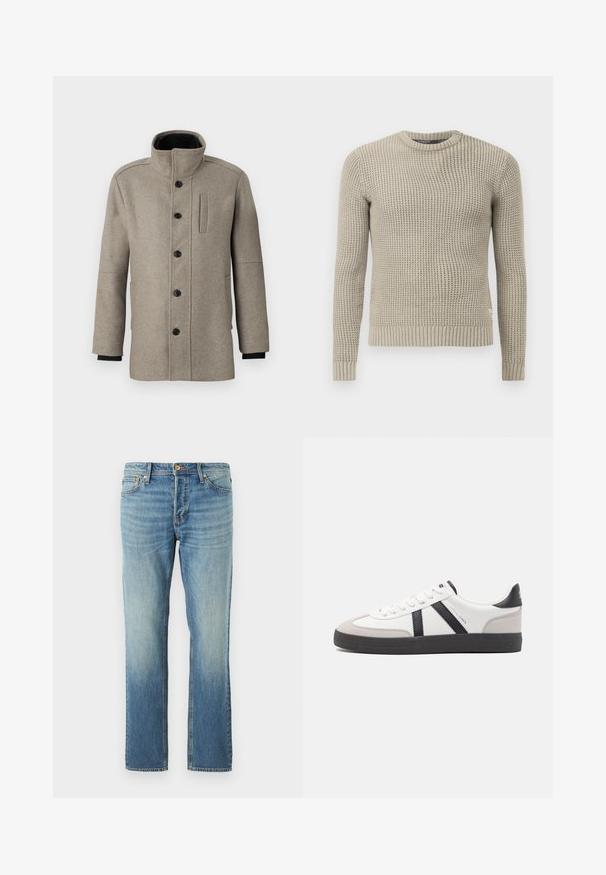 Gaiši pelēks vilnas mētelis ar augstu apkakli, priekšējo pogu aizdari un sānu kabatu. Tam ir garas piedurknes un gluda tekstūra.; Bežs adīts džemperis ar garām piedurknēm, ribota aproce un apakšmalā, apaļa kakla izgriezums, teksturēta raksts, izgatavots no mīksta materiāla.; Gaiši zili džinsi ar taisnu kāju dizainu, apstrādāti ar izbalējušu apdari, ar varšiem kniedēm un klasisku piecu kabatu izskatu.; Baltas sneakeris ar melniem un pelēkiem akcentiem, kuram ir teksturēts pelēks purngals, melna gumijas zole un plakanas baltas šņores. Tīrs dizains, minimālisma stils.